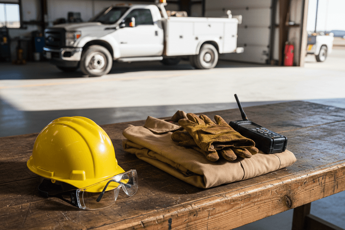 essentials-vs-complete-it-security-oilfield-service A yellow hard hat, safety glasses, and a handheld gas monitor on a workbench in a service bay.