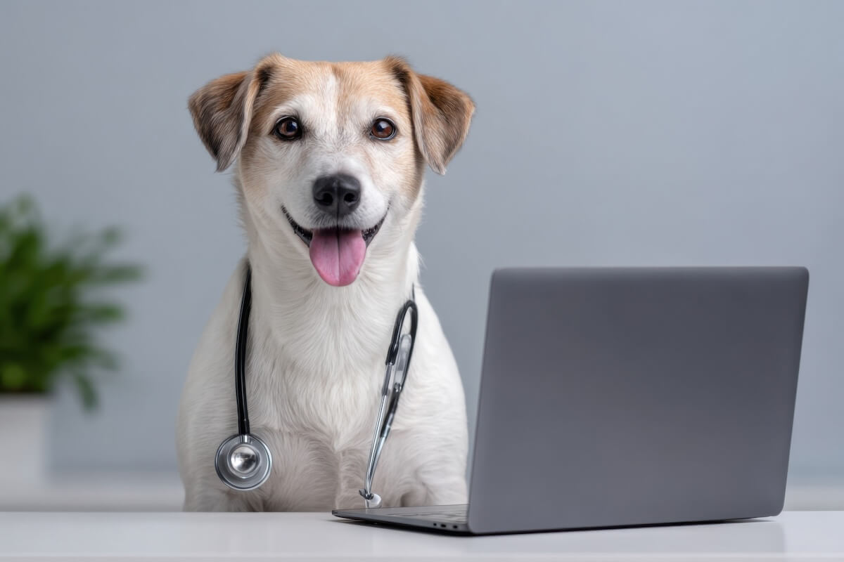 A small white and brown dog wearing a stethoscope sits behind a laptop computer, representing smart IT infrastructure and technology for veterinary practices.