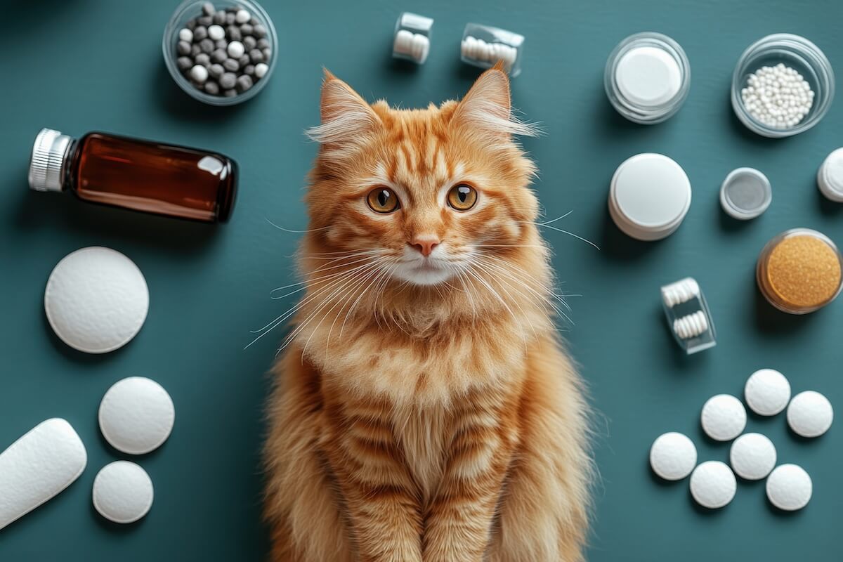 An orange cat surrounded by various prescription pill bottles, tablets, and medical containers on a teal background; conceptual image for veterinary clinic drug security and IT monitoring systems.