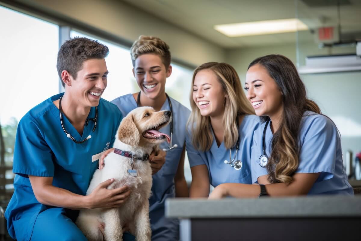 Four veterinary technicians in blue scrubs smiling at a happy dog on a metal exam table in a modern clinic, representing professional veterinary IT services and clinic management.