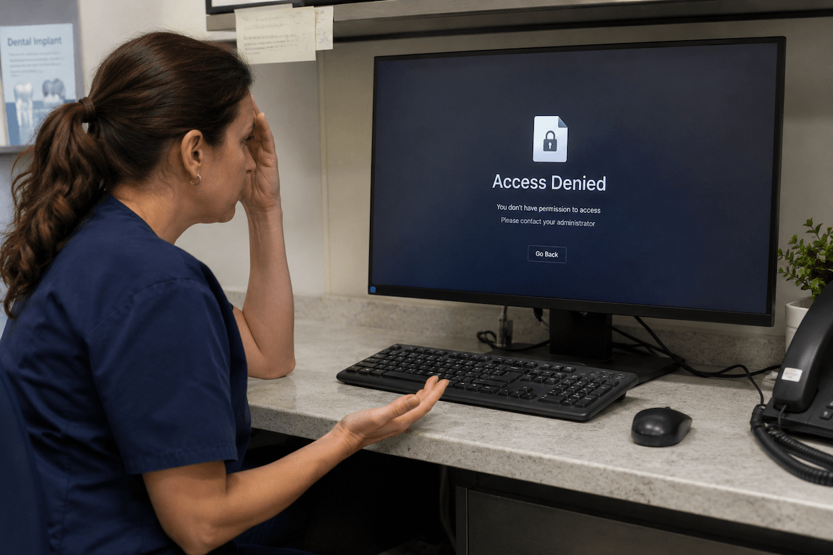A dental worker looks frustrated at a computer monitor displaying an access denied message.