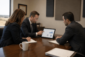 Three legal professionals in suits review business growth charts on a tablet at a wooden conference table.