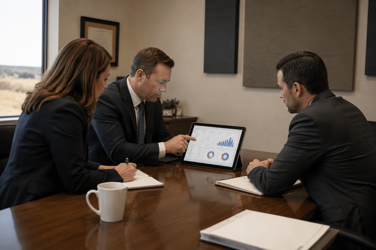 Law Firm Conference Table Three legal professionals in suits review business growth charts on a tablet at a wooden conference table.