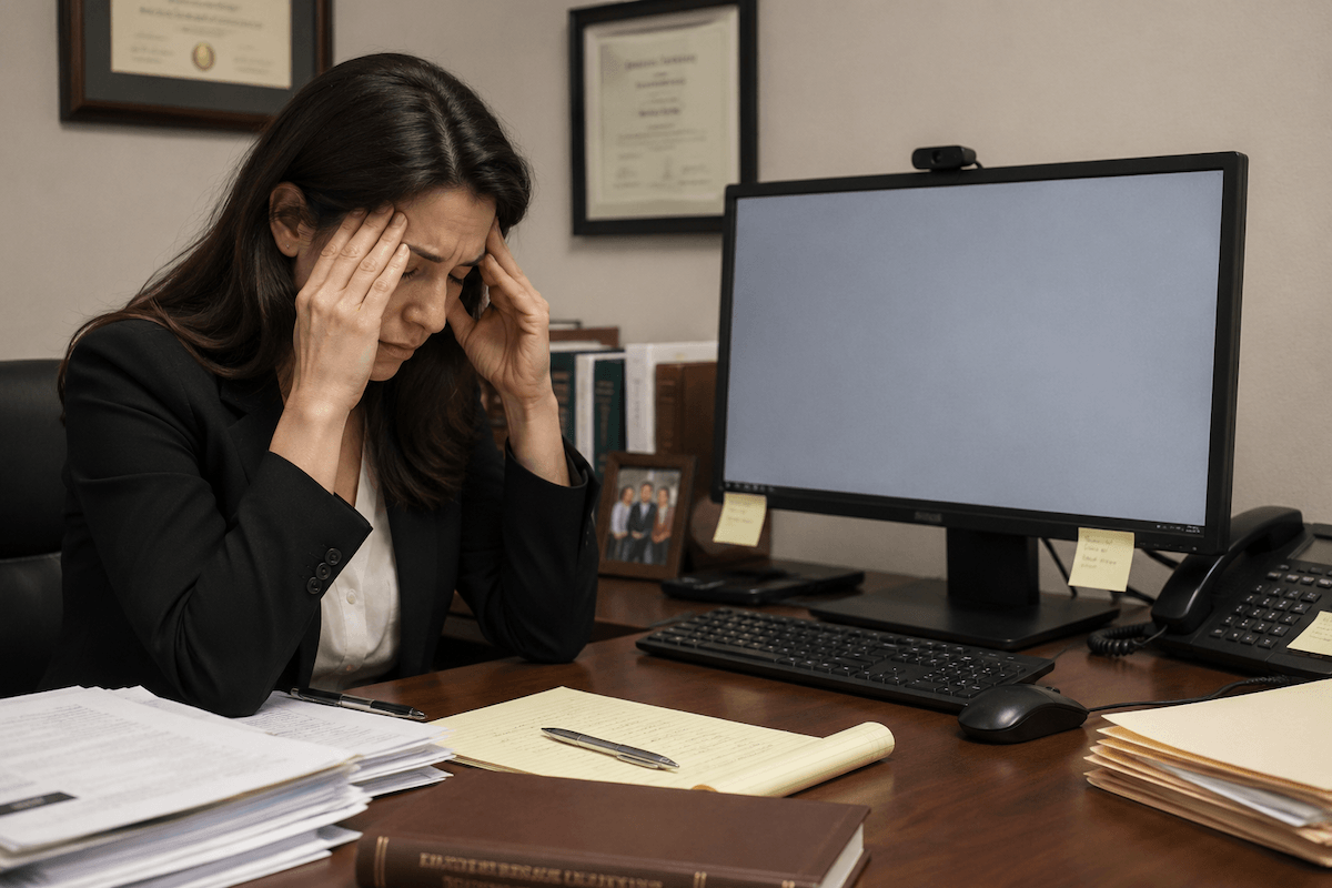 A stressed female attorney holds her head at a desk with a blank computer screen, illustrating law firm downtime costs.