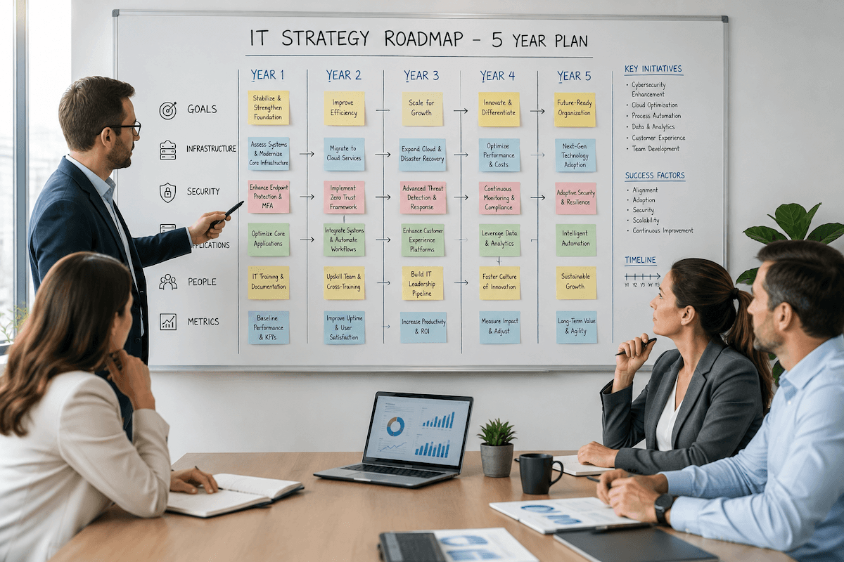 Presenter pointing to a whiteboard with a five year IT strategy roadmap during a team meeting in a conference room.
