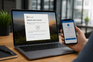 Microsoft 365 multi factor authentication sign in screen on a laptop and smartphone in an office.