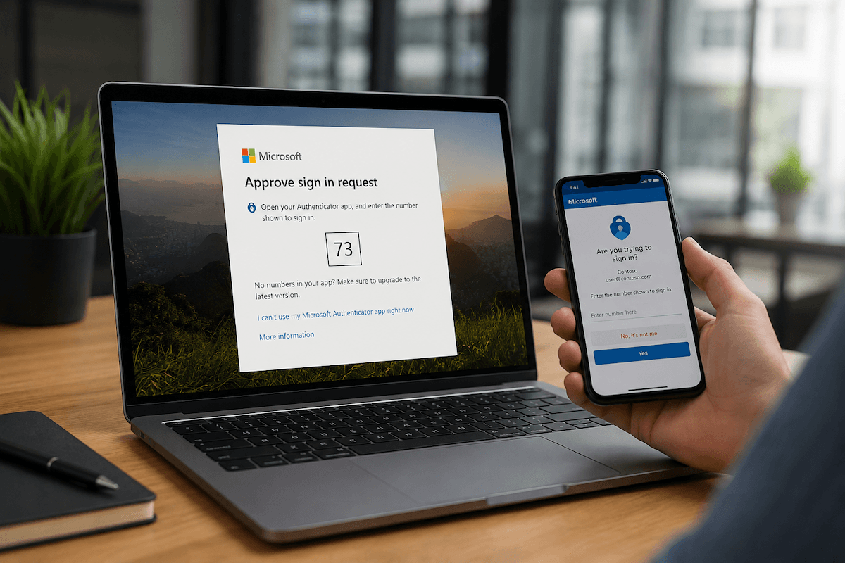 Microsoft 365 multi factor authentication sign in screen on a laptop and smartphone in an office.