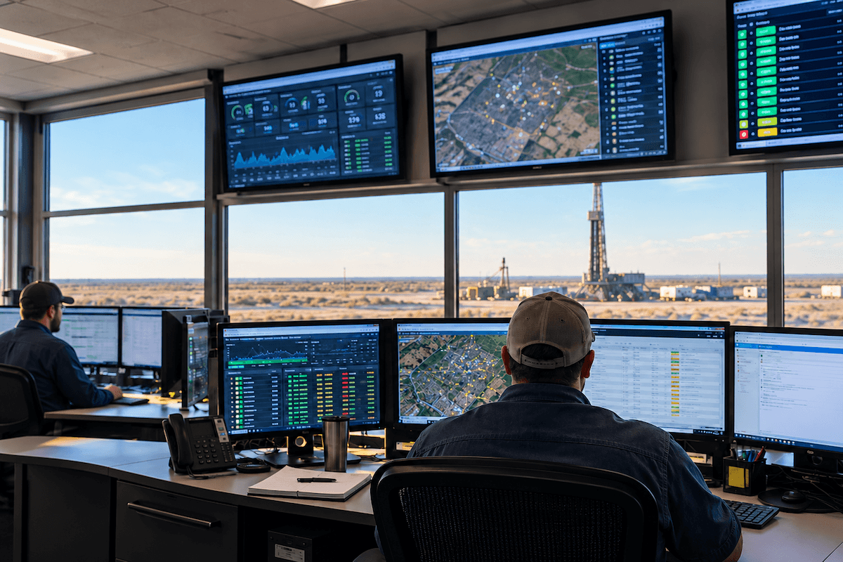 managed-it-services-midland-energy-operations Energy operations team monitoring systems and drilling activity from a control room.