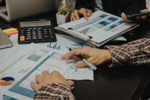 Team reviewing technology expenses for an annual IT budget