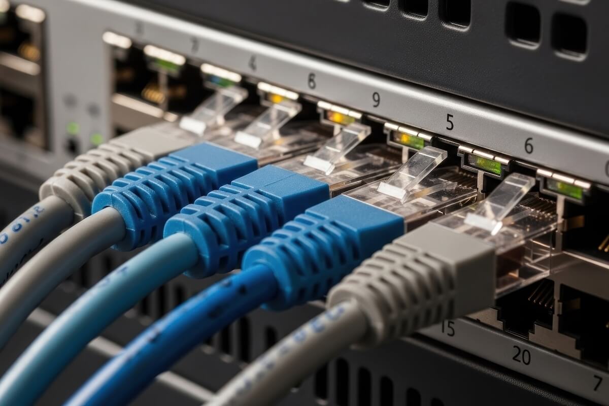 close up of network cables connected to a switch in a data center Ethernet cables connected to business network equipment