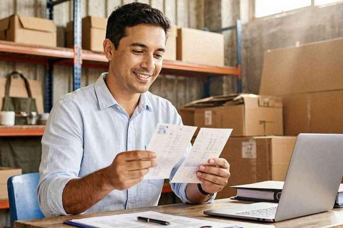 Supply company owner reviewing business expenses at a laptop